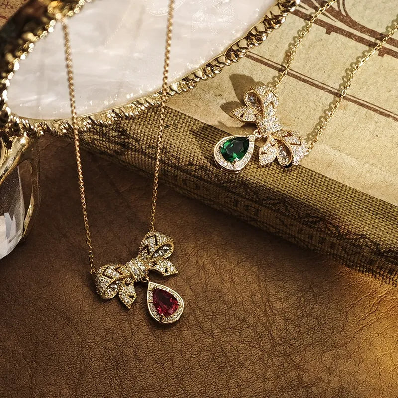 Pear Cut Lab Ruby Elegant Bow Design Necklace
