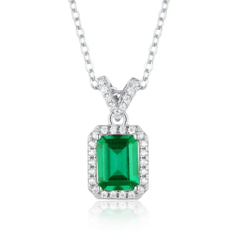 Emerald Cut Lab Emerald Halo Necklace