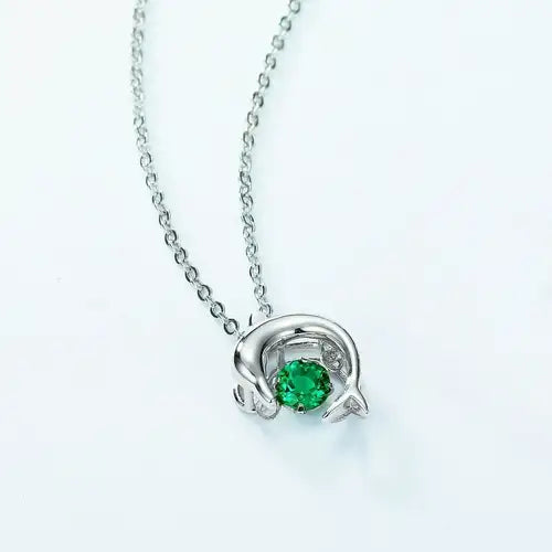 Round Cut Emerald Playful Dolphin Charm Nature Inspired Necklace