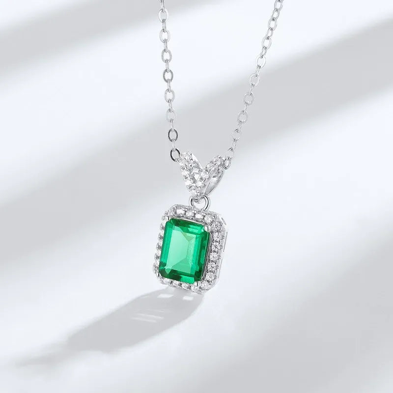 Emerald Cut Lab Emerald Halo Necklace