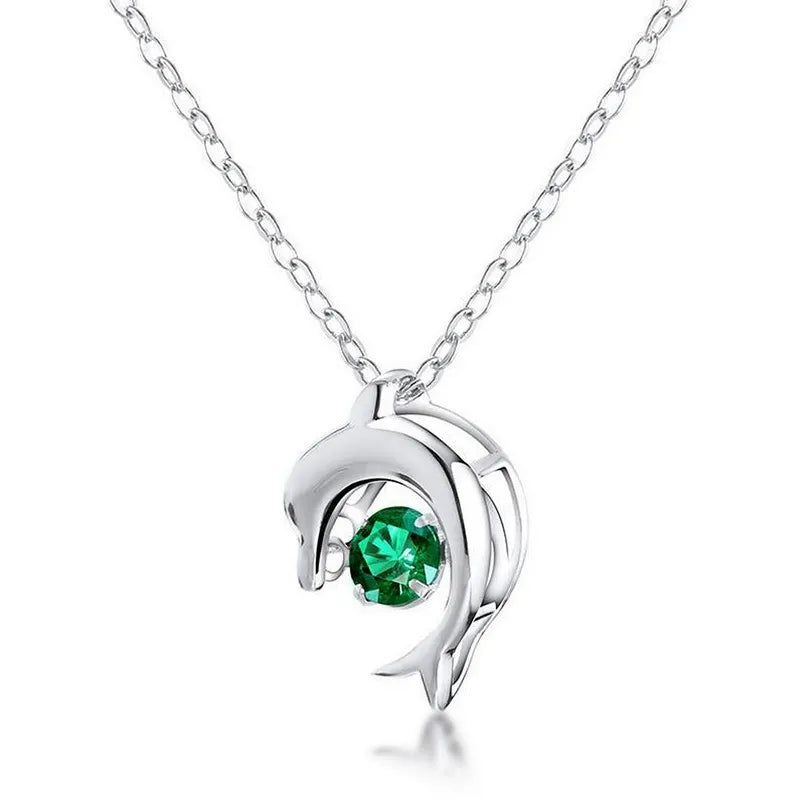 Round Cut Emerald Playful Dolphin Charm Nature Inspired Necklace
