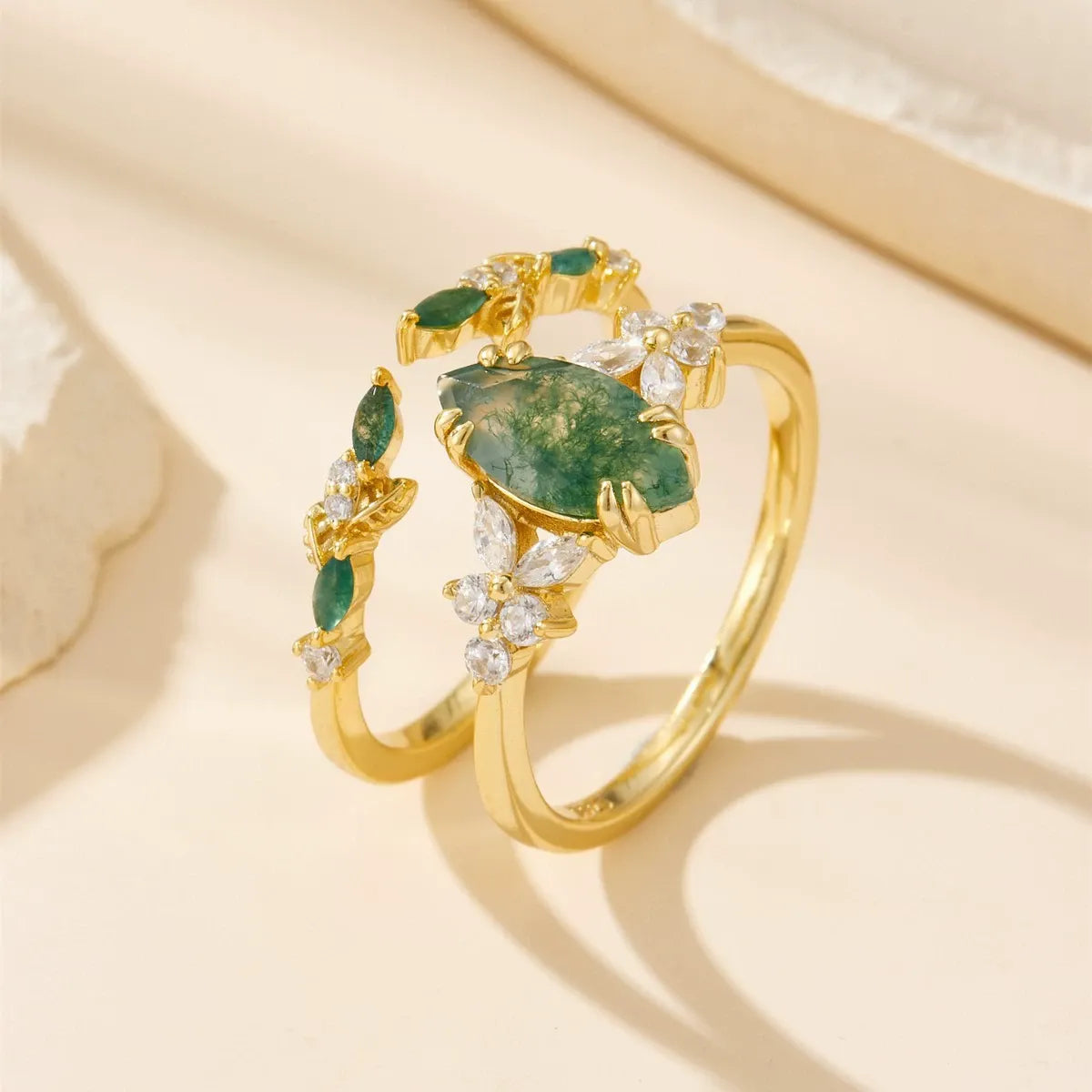 Natural Marquise Moss Agate Leaf Stackable Elegant Women Ring Set