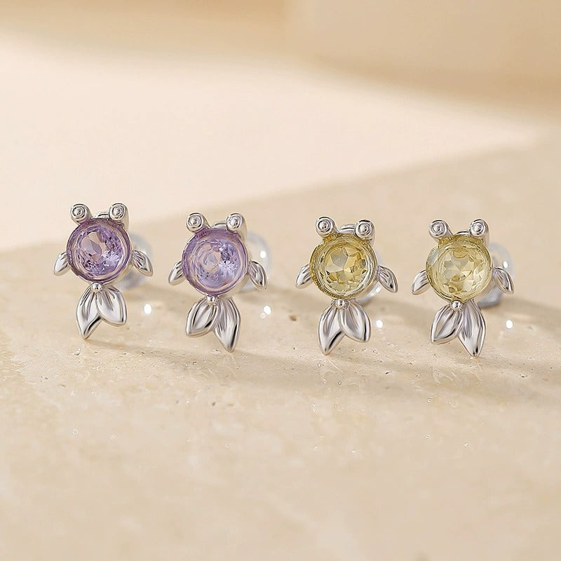 Round Cut Amethyst Ocean Spell Collection Goldfish Stud Earrings