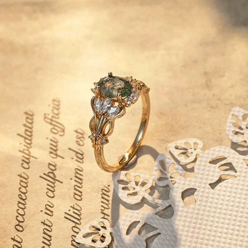 Natural Moss Agate Ring Vintage Elegant Design Engagement Ring
