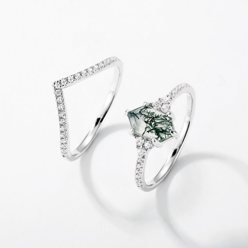 Hexagon Cut Moss Agate Classic Bridal Set