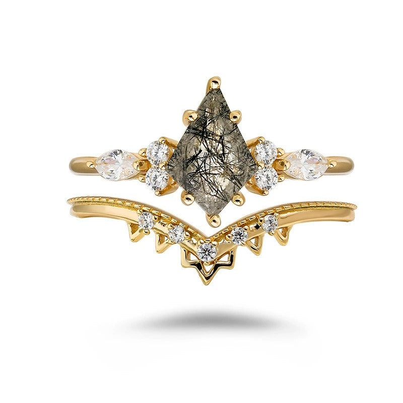 Kite Cut Black Rutilated Quartz Vintage Bridal Ring Set