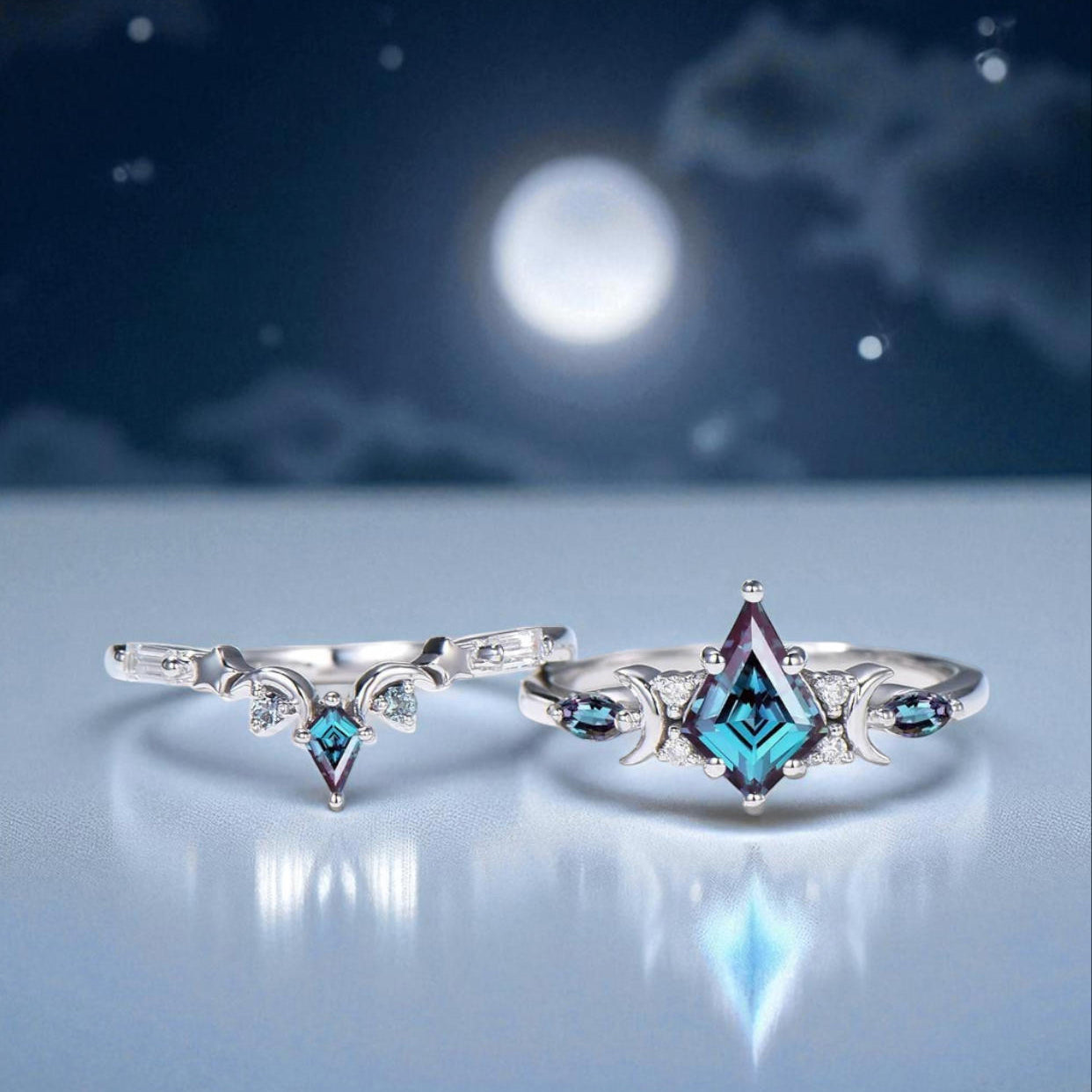 Crescent Moon Star Black Kite Cut Alexandrite June Birthstone Gothic Bridal Ring Set