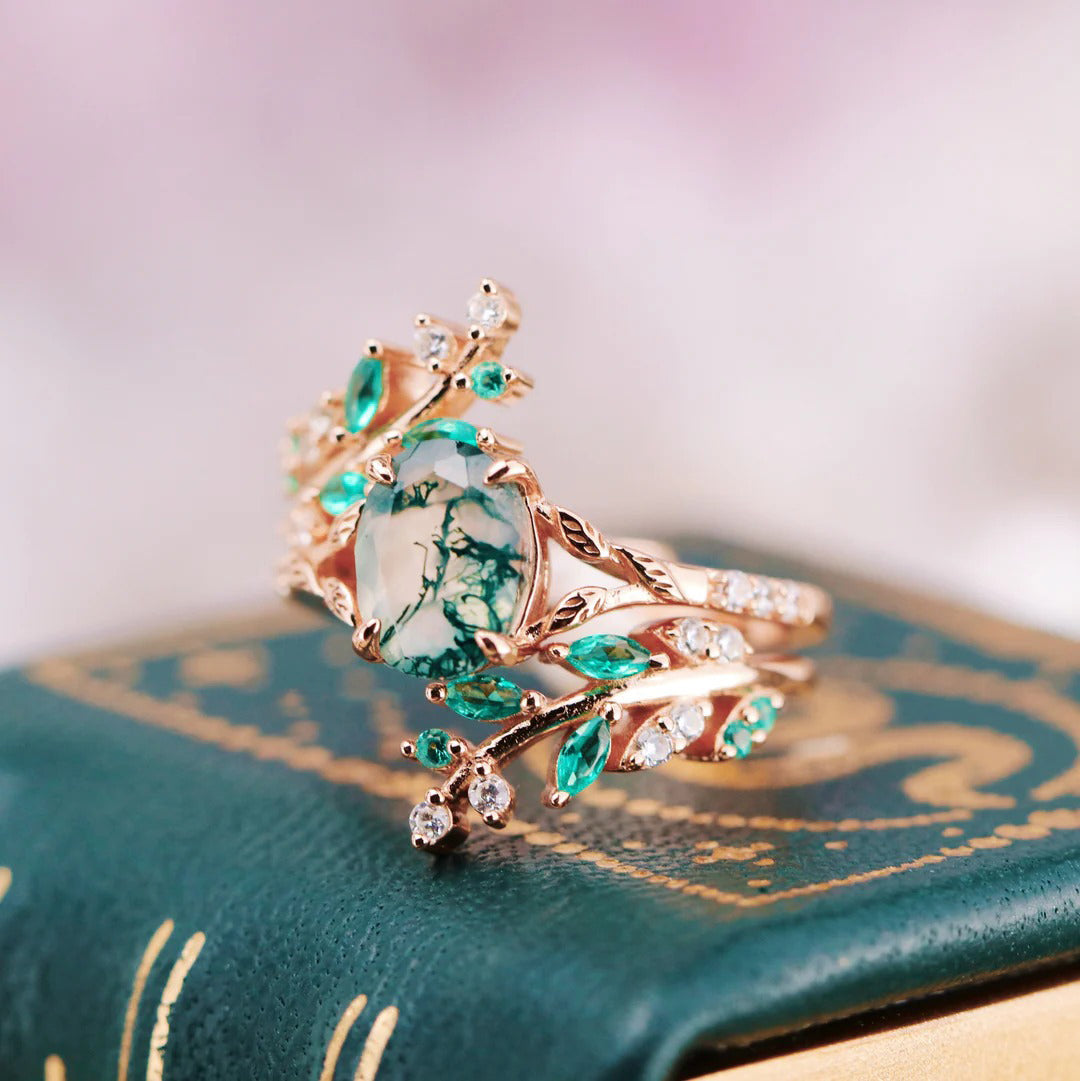 Green Moss Agate & Emerald Leaf Enhancer Bridal Set