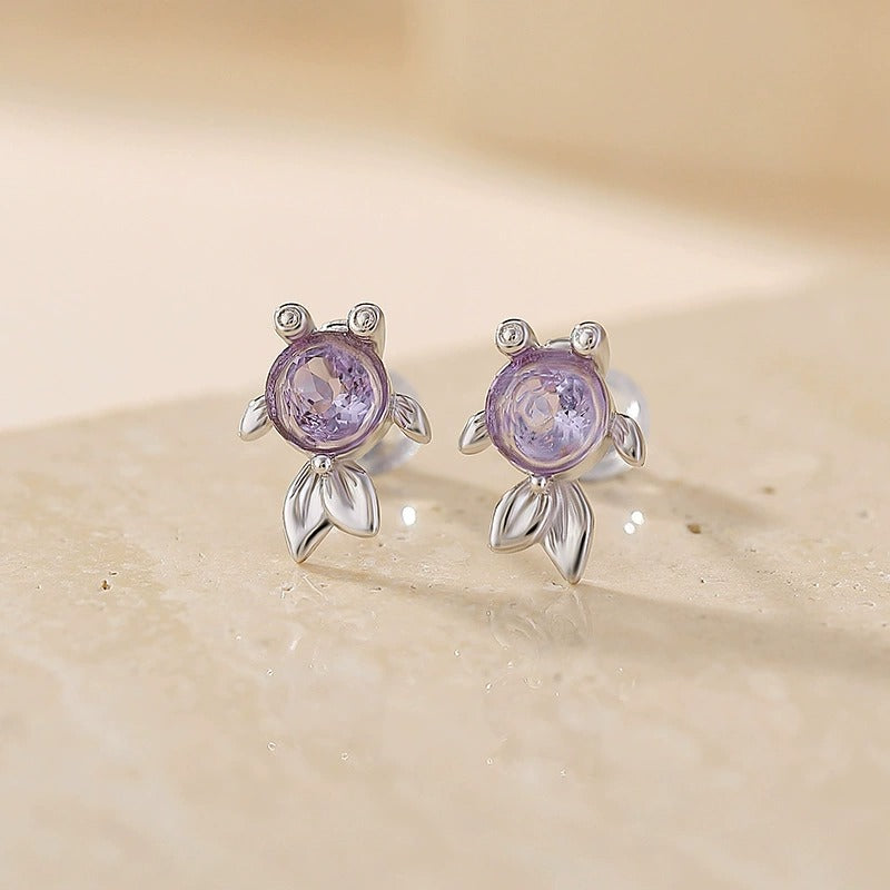 Round Cut Amethyst Ocean Spell Collection Goldfish Stud Earrings