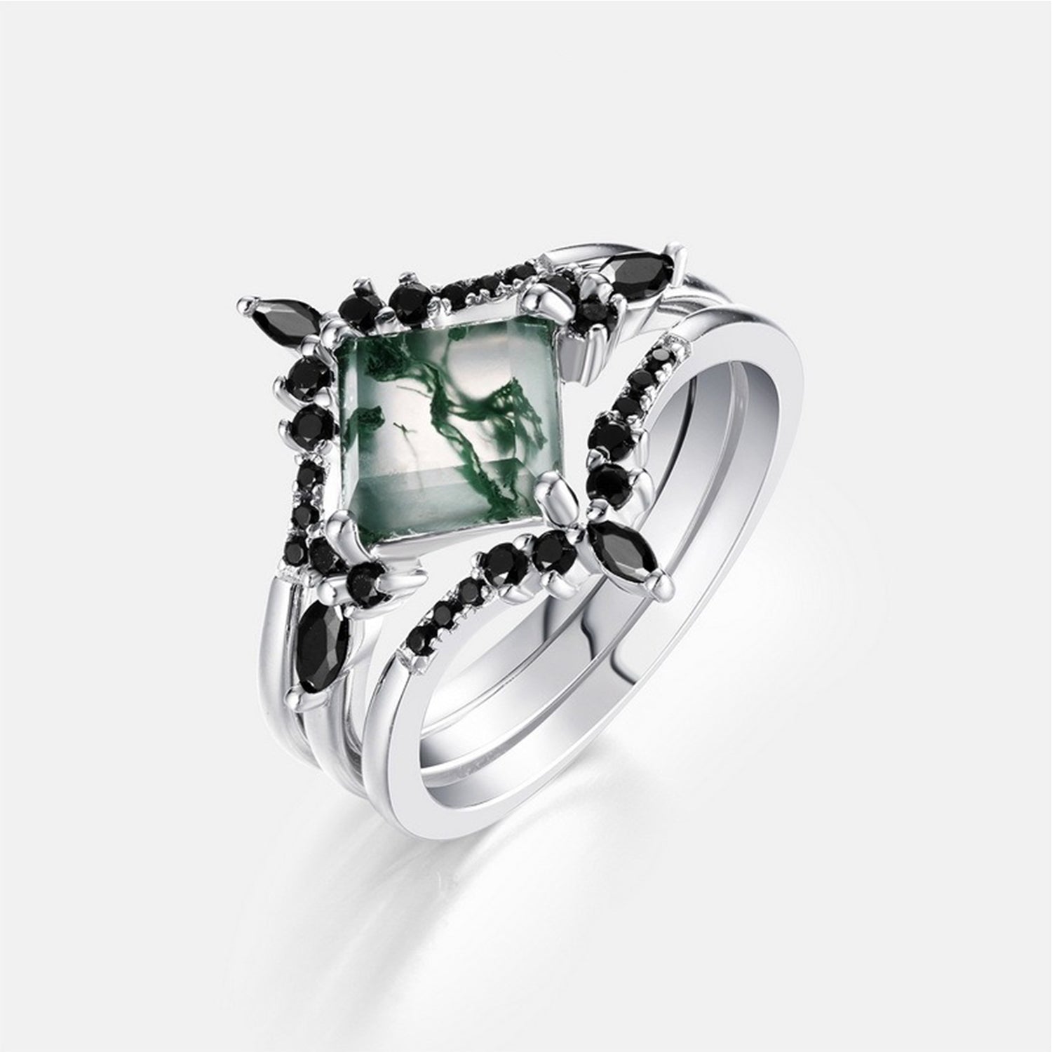 Unique Princess Cut Moss Agate & Black Moissanite Luxury Engagement Ring Set 3PCS
