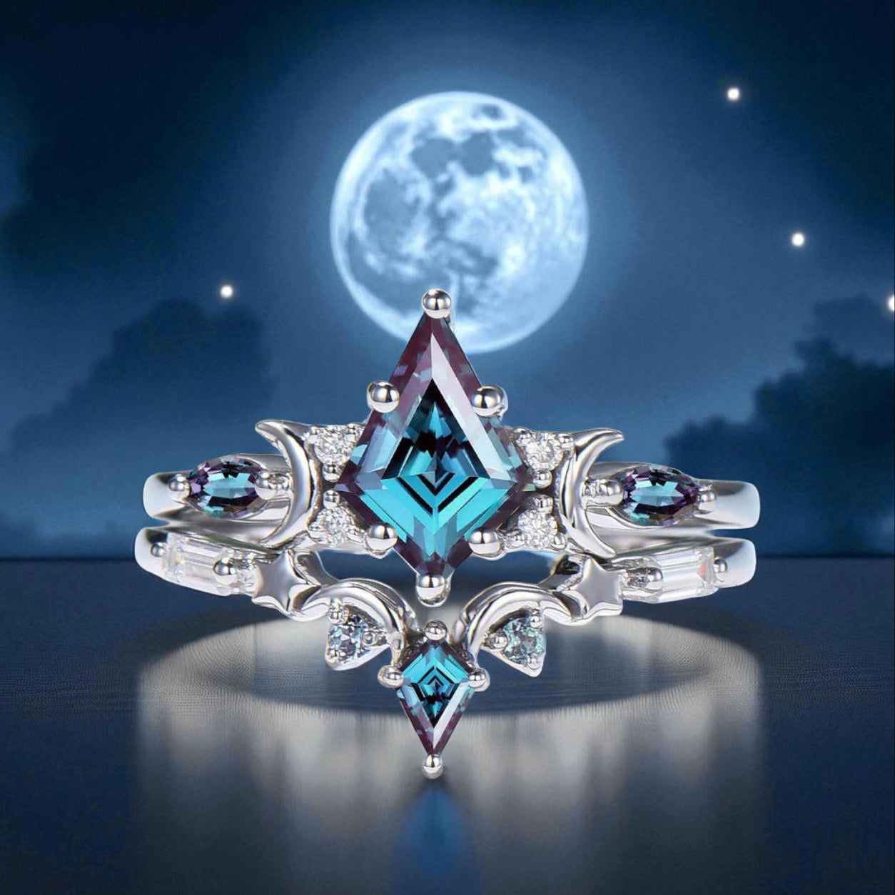 Crescent Moon Star Black Kite Cut Alexandrite June Birthstone Gothic Bridal Ring Set
