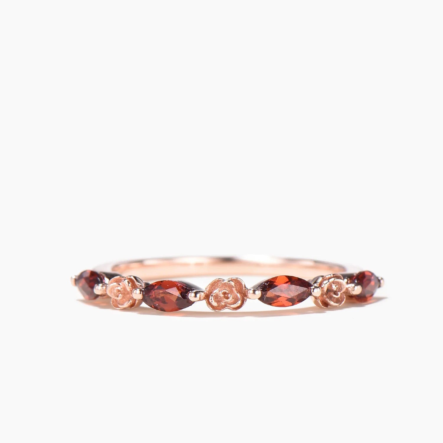 Marquise Cut Garnet & Flower Half Eternity Wedding Band