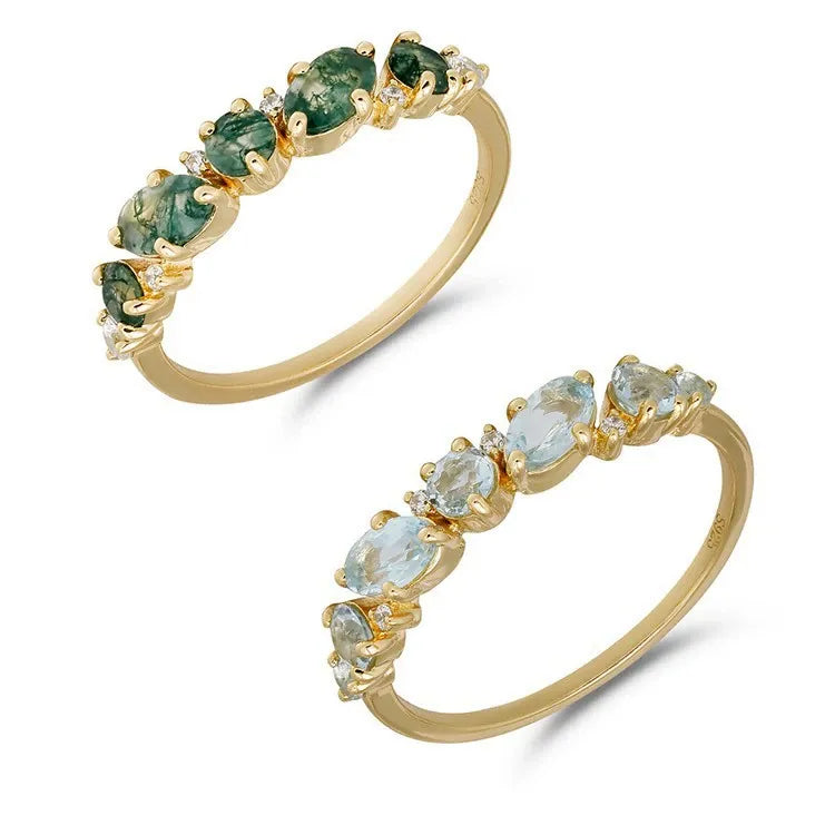 Marquise Cut Moss Agate Straight Half Eternity Wedding Band