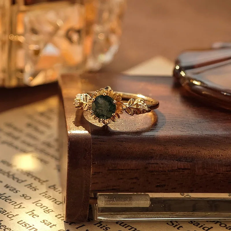Sunflower Round Moss Agate Ring 925 Sterling Silver Vintage Design Engagement Ring