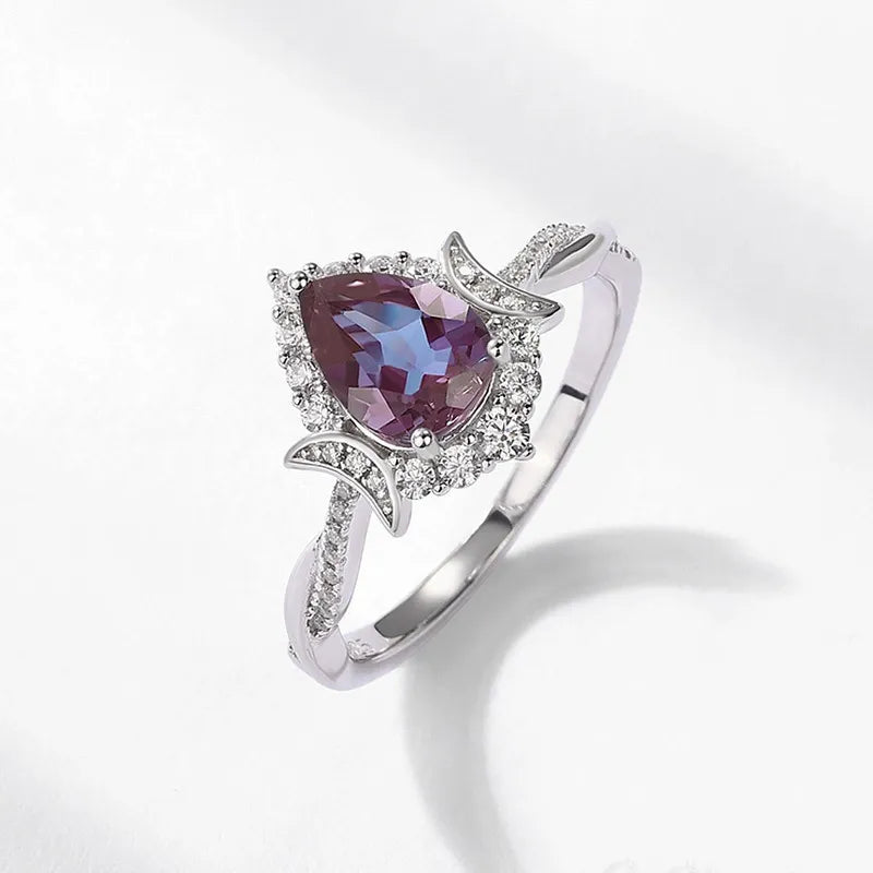 Lab Alexandrite and Freshwater Pearl Silver Stackable Crescent Moon Ring