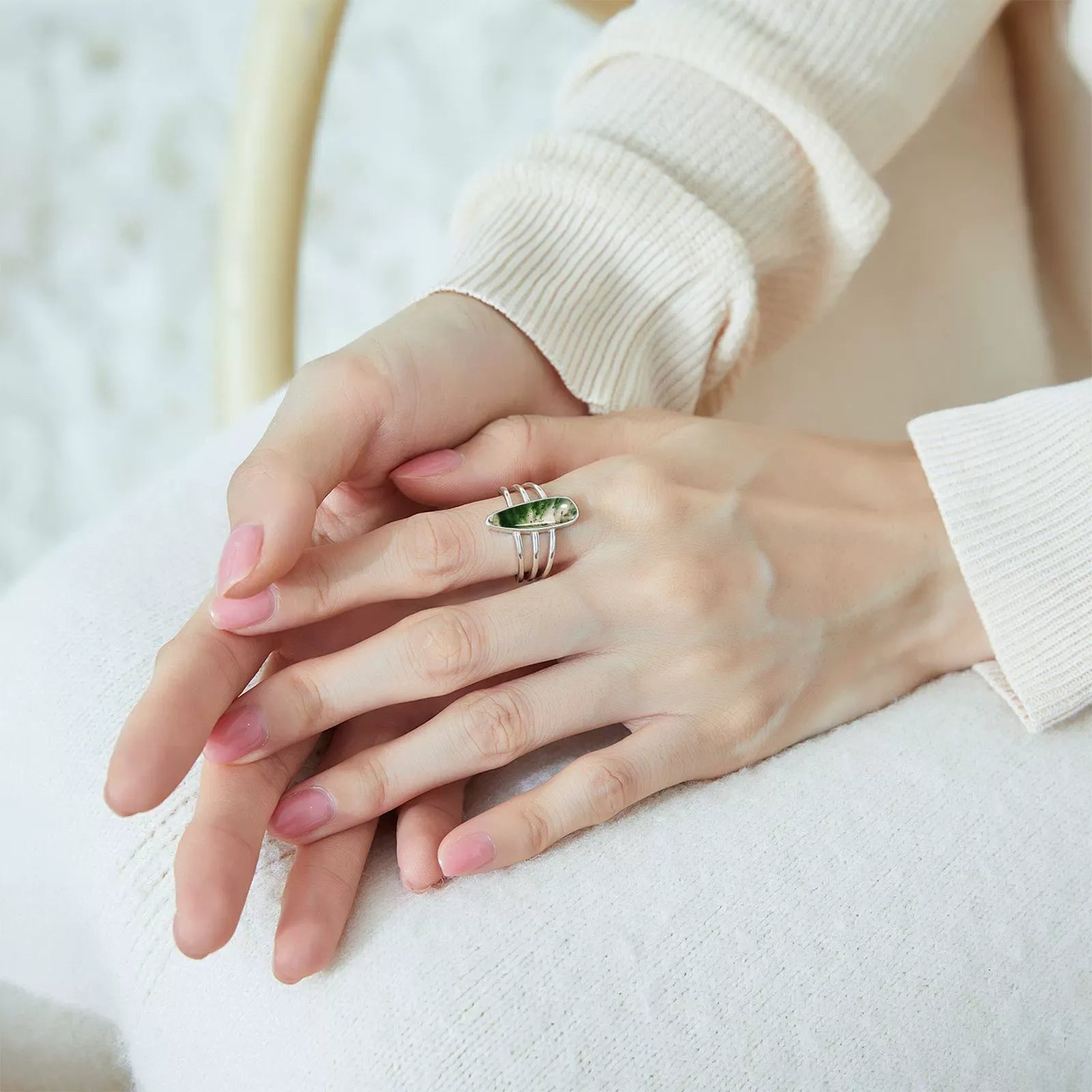 Unique Sunflower Seed Cut Long Pear Green Moss Agate Simple Open Engagement Ring