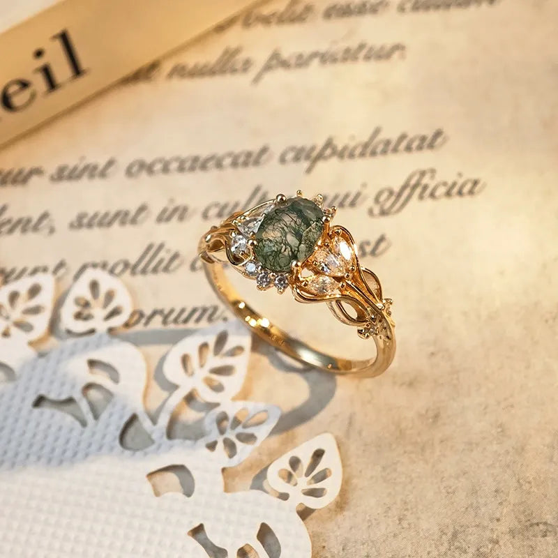 Natural Moss Agate Ring Vintage Elegant Design Engagement Ring
