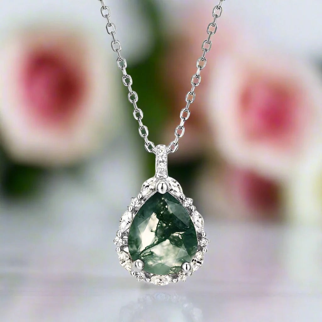 Pear Cut Moss Agate Halo Necklace for Girlfriend - 'Forest Halo