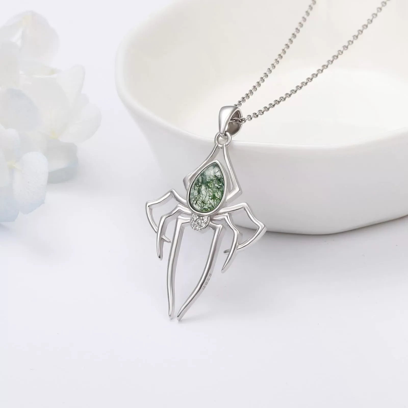 'Nocturne Spider' Gothic Moss Agate Rhinestone Spider Necklace for Women