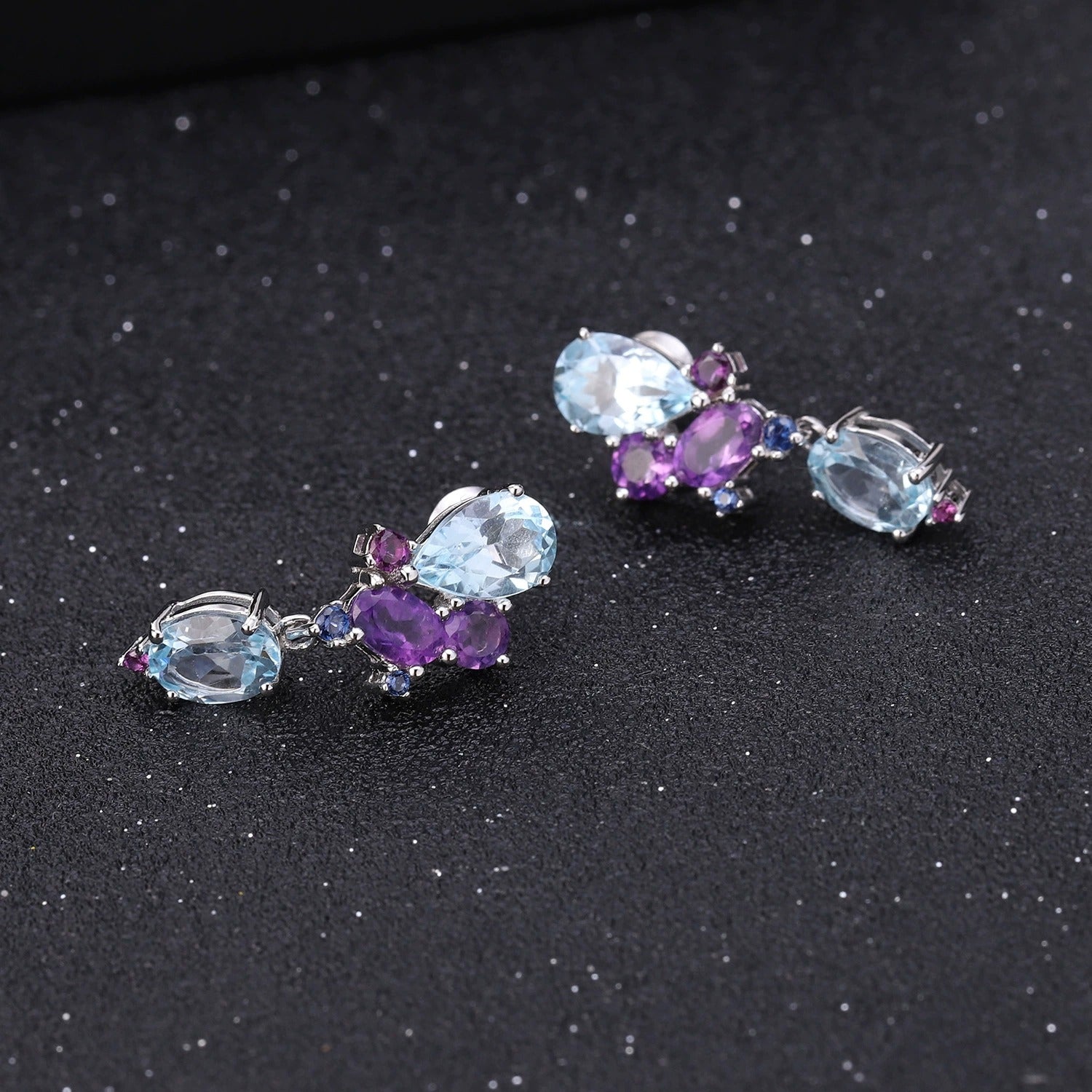 Pear & Oval Cut Natural Topaz&Amethyst Unique Drop Earrings