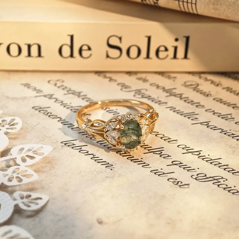 Natural Moss Agate Ring Vintage Elegant Design Engagement Ring