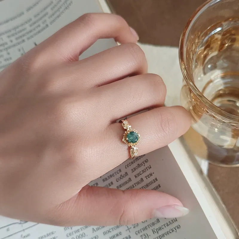 Sunflower Round Moss Agate Ring 925 Sterling Silver Vintage Design Engagement Ring