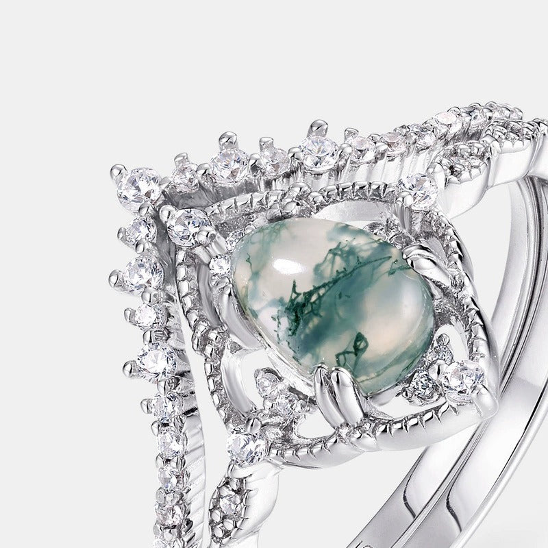 Pear Cut Moss Agate Vintage Bridal Ring Set