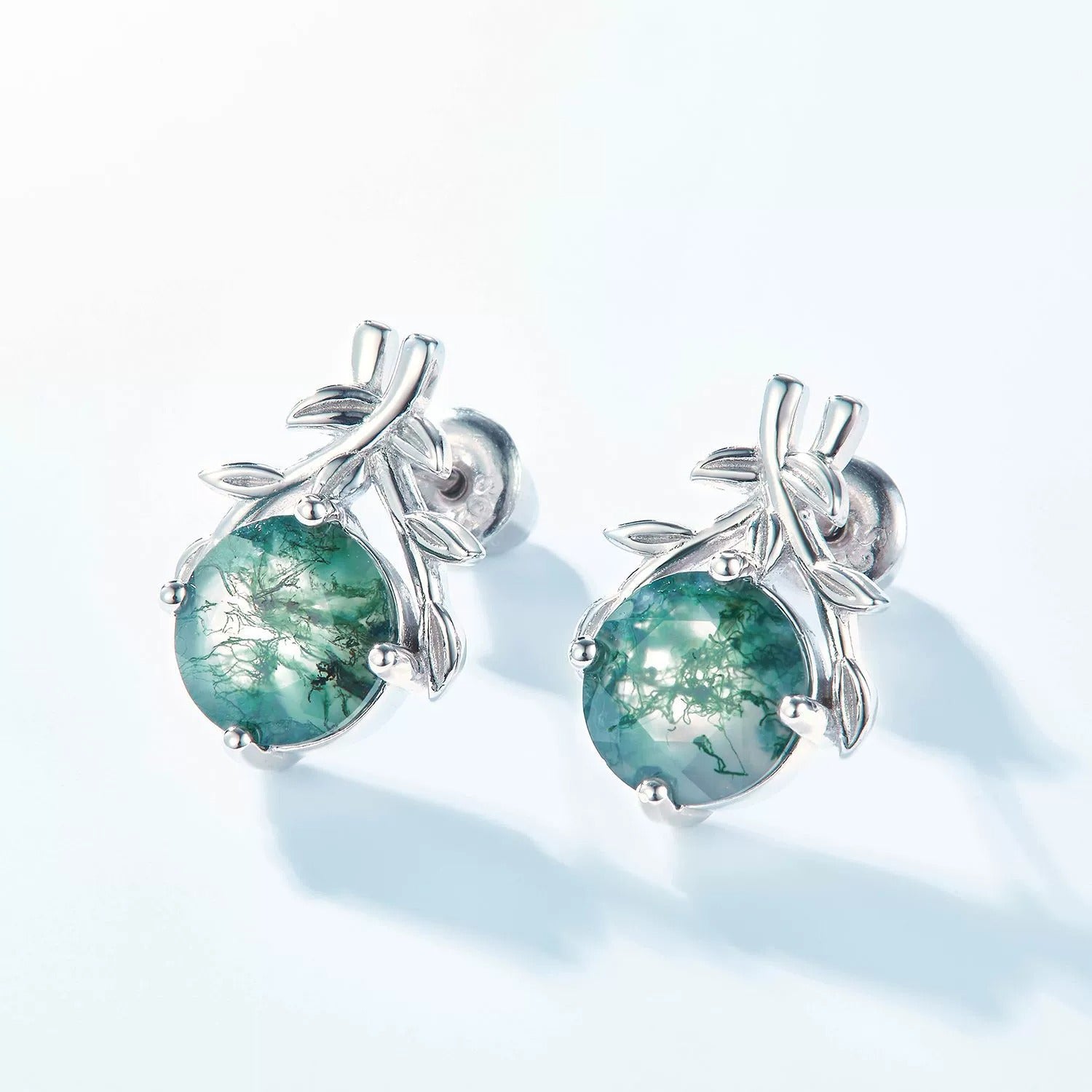Round Cut Moss Agate Nature Inspired Olive Branch Stud Earrings