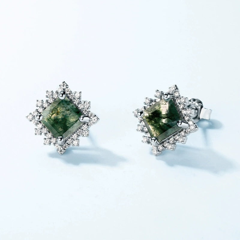 Princess Cut Moss Agate Antique Antique Halo Collection Stud Earrings