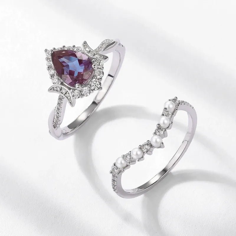 Lab Alexandrite and Freshwater Pearl Silver Stackable Crescent Moon Ring