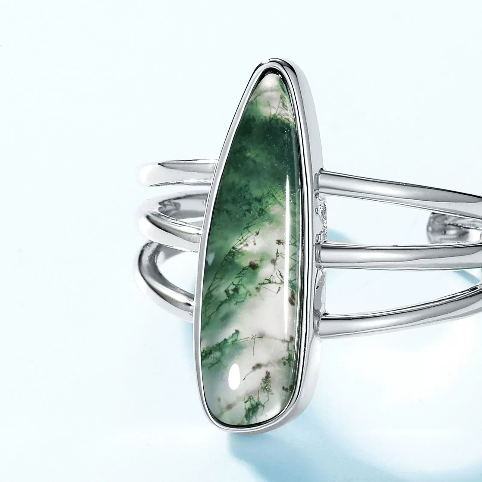 Unique Sunflower Seed Cut Long Pear Green Moss Agate Simple Open Engagement Ring