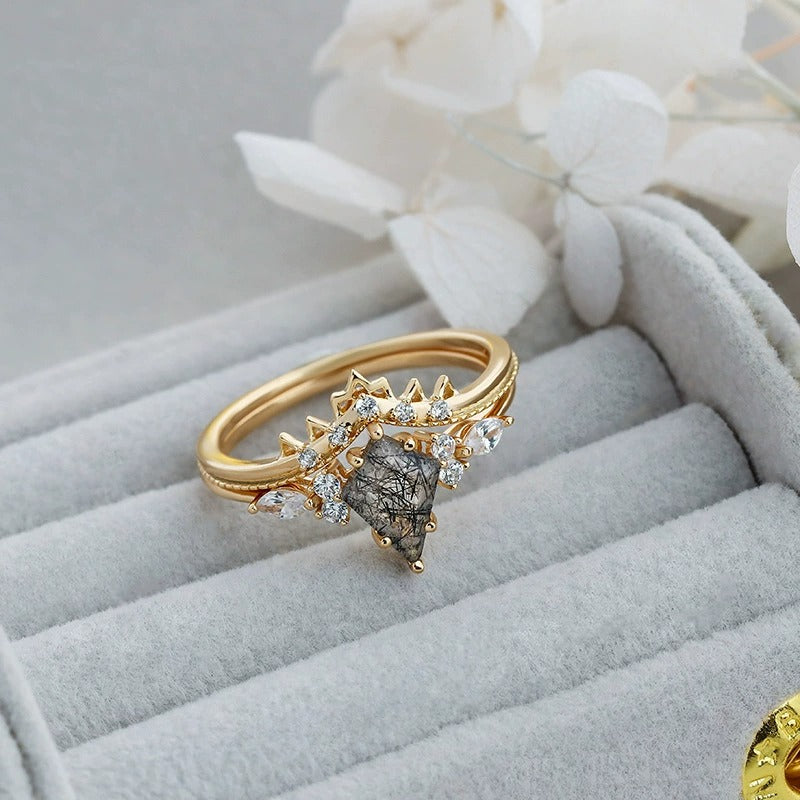 Kite Cut Black Rutilated Quartz Vintage Bridal Ring Set