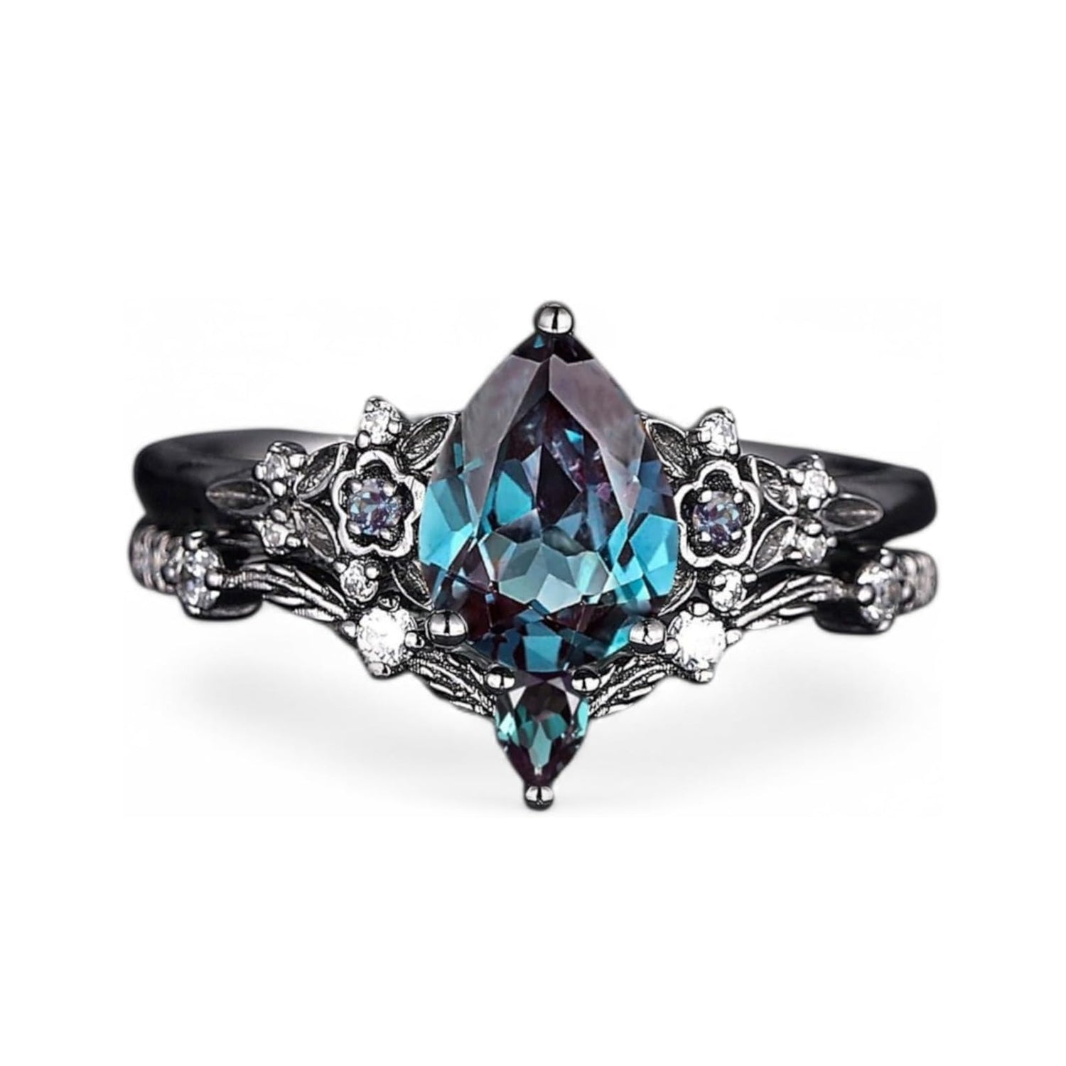 Antique Gothic Black Gold Pear Shape Alexandrite Bridal Ring Set