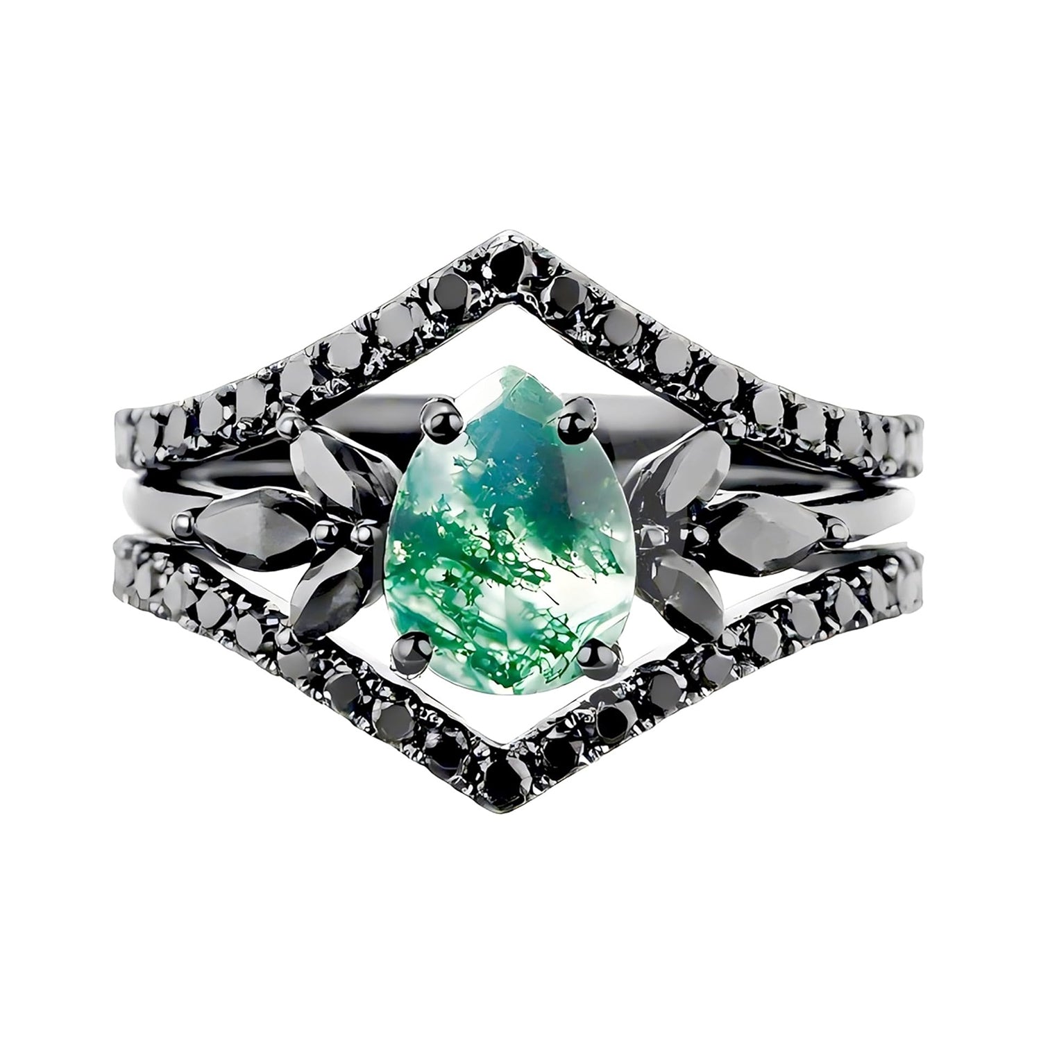Black Noir Gothic Moss Agate Women Engagement Ring Set