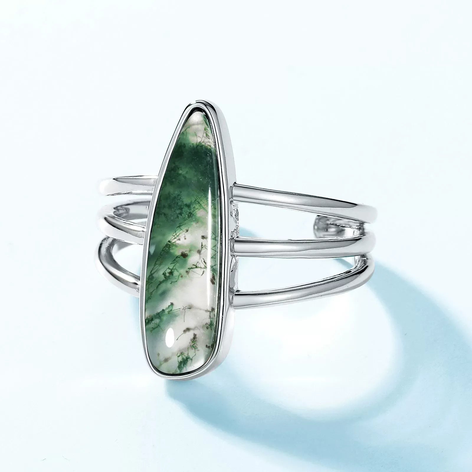 Unique Sunflower Seed Cut Long Pear Green Moss Agate Simple Open Engagement Ring
