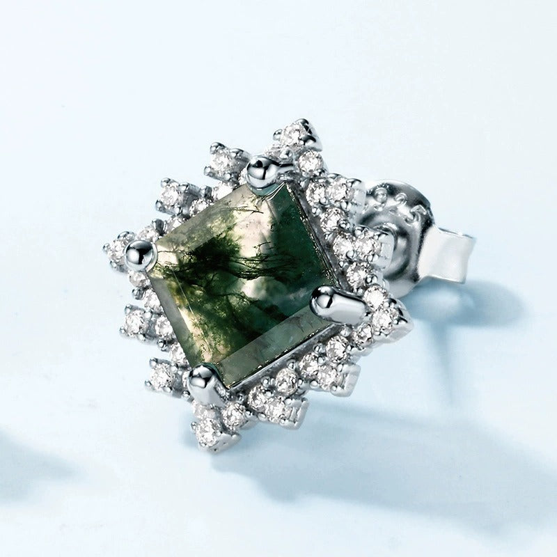 Princess Cut Moss Agate Antique Antique Halo Collection Stud Earrings