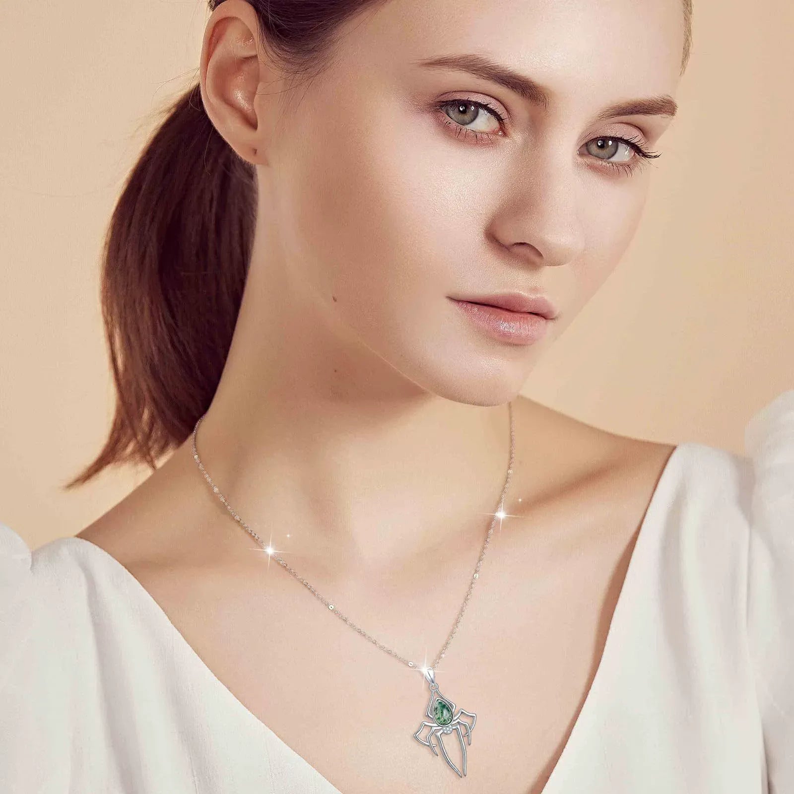 'Nocturne Spider' Gothic Moss Agate Rhinestone Spider Necklace for Women
