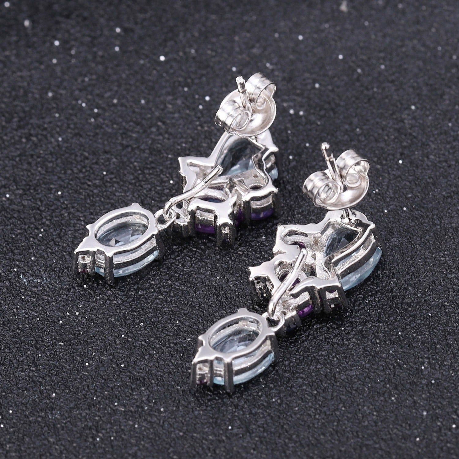 Pear & Oval Cut Natural Topaz&Amethyst Unique Drop Earrings