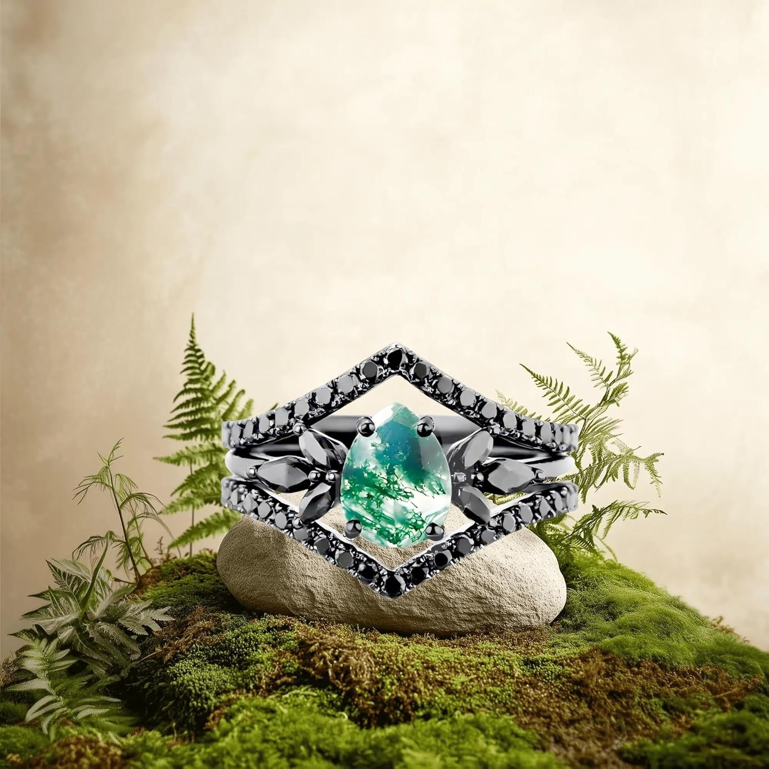 Black Noir Gothic Moss Agate Women Engagement Ring Set