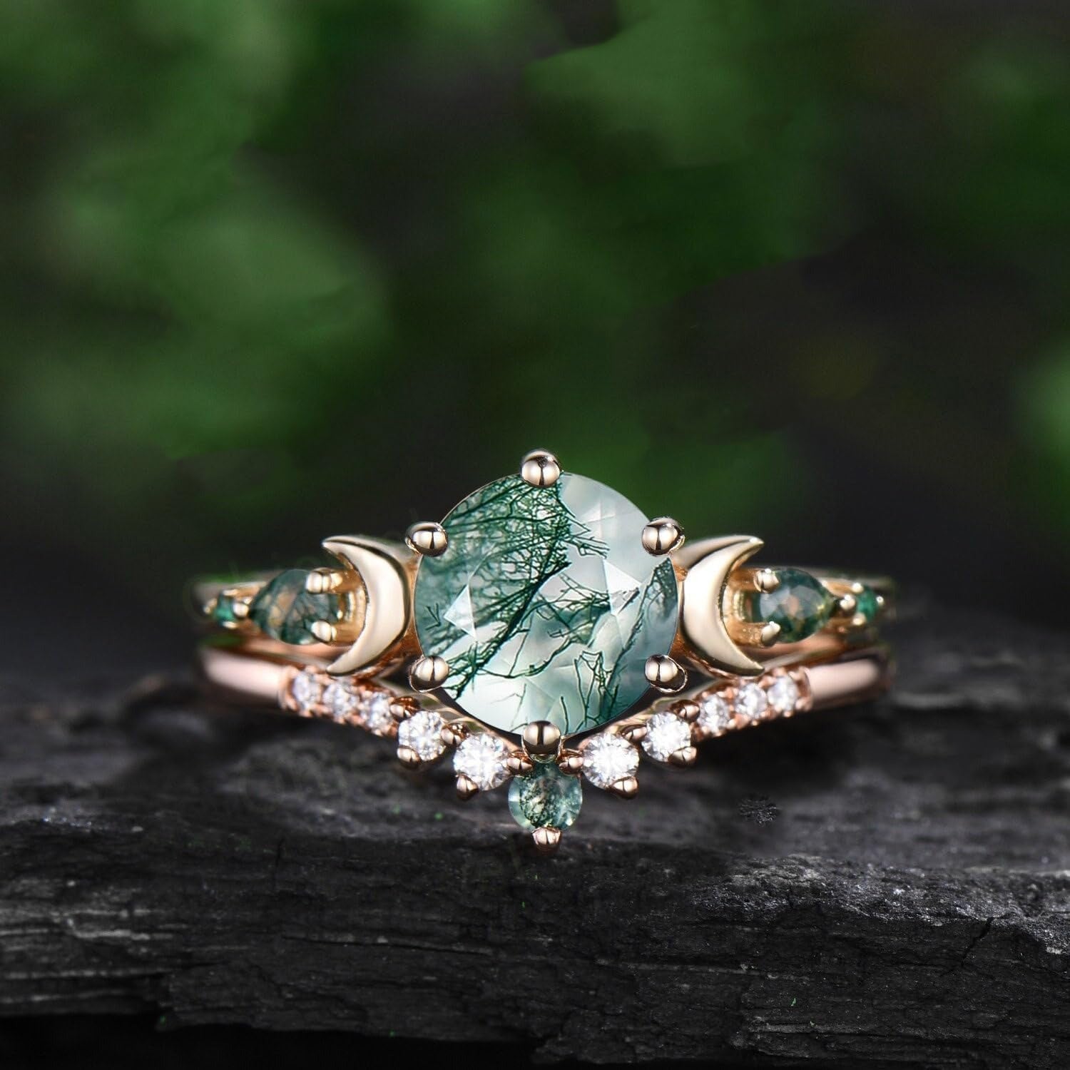 Leaf Art Deco 10K Rose Gold Natural Round Moss Agate Engagement Bridal Ring Set