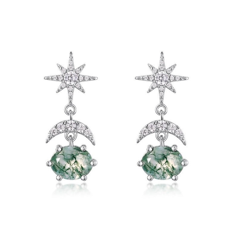 Oval Cut Moss Agate Sun And Moon Drop Earrings