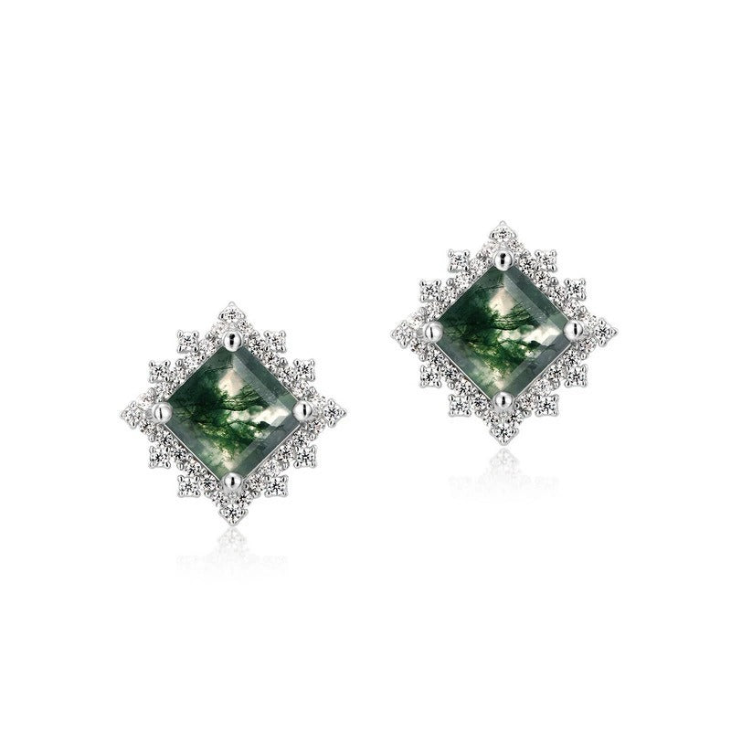 Princess Cut Moss Agate Antique Antique Halo Collection Stud Earrings
