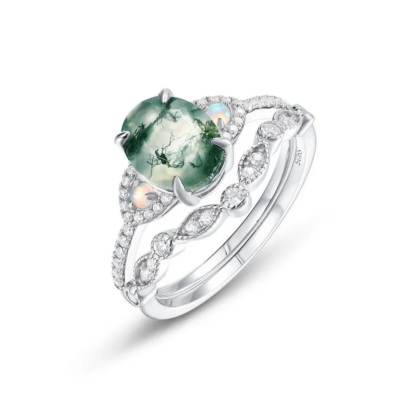 Unique Oval Cut Moss Agate & Opal Vintage Engagement Ring