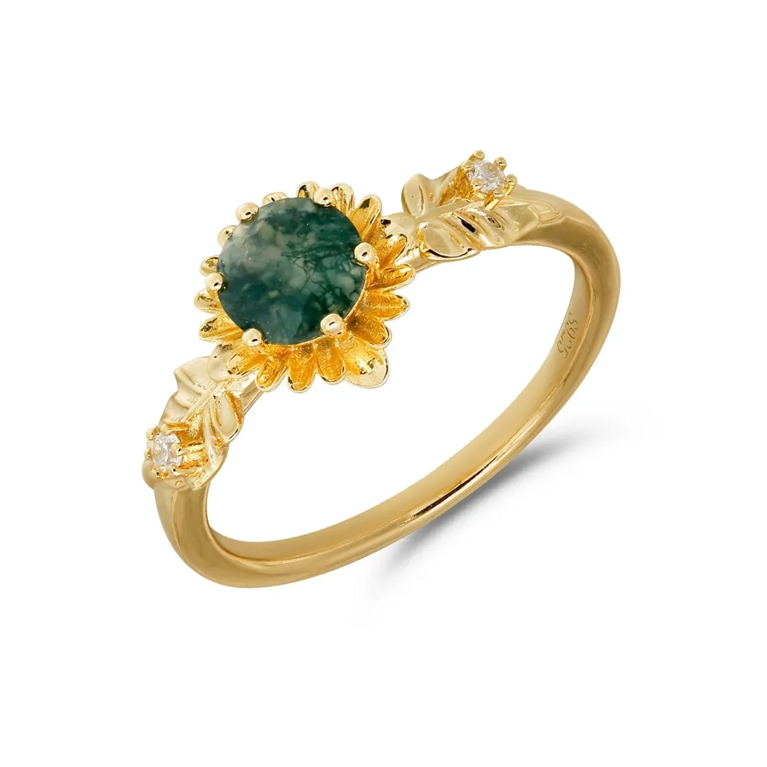 Sunflower Round Moss Agate Ring 925 Sterling Silver Vintage Design Engagement Ring