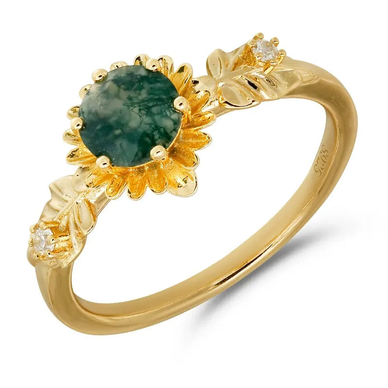 Sunflower Round Moss Agate Ring 925 Sterling Silver Vintage Design Engagement Ring