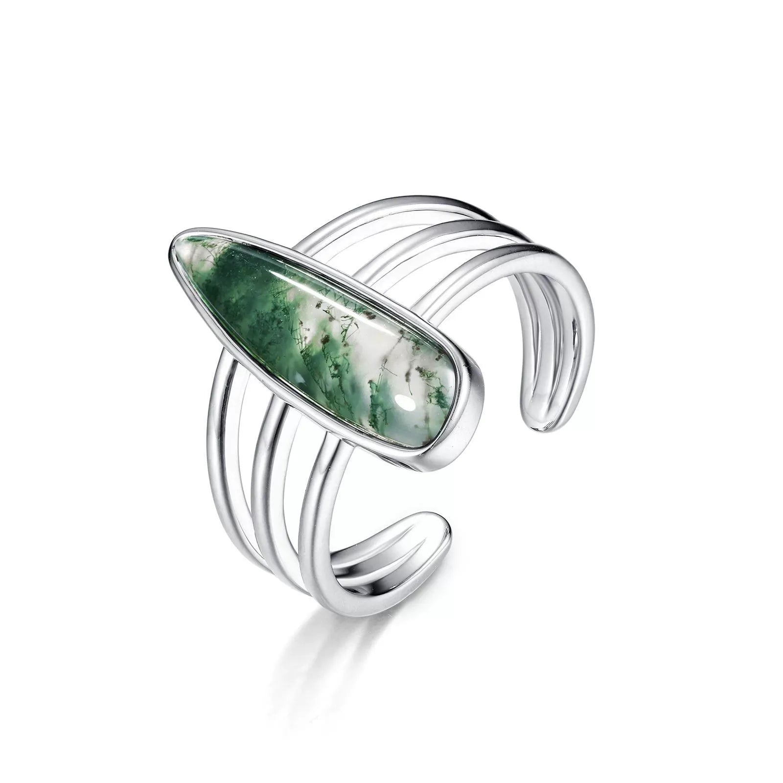 Unique Sunflower Seed Cut Long Pear Green Moss Agate Simple Open Engagement Ring