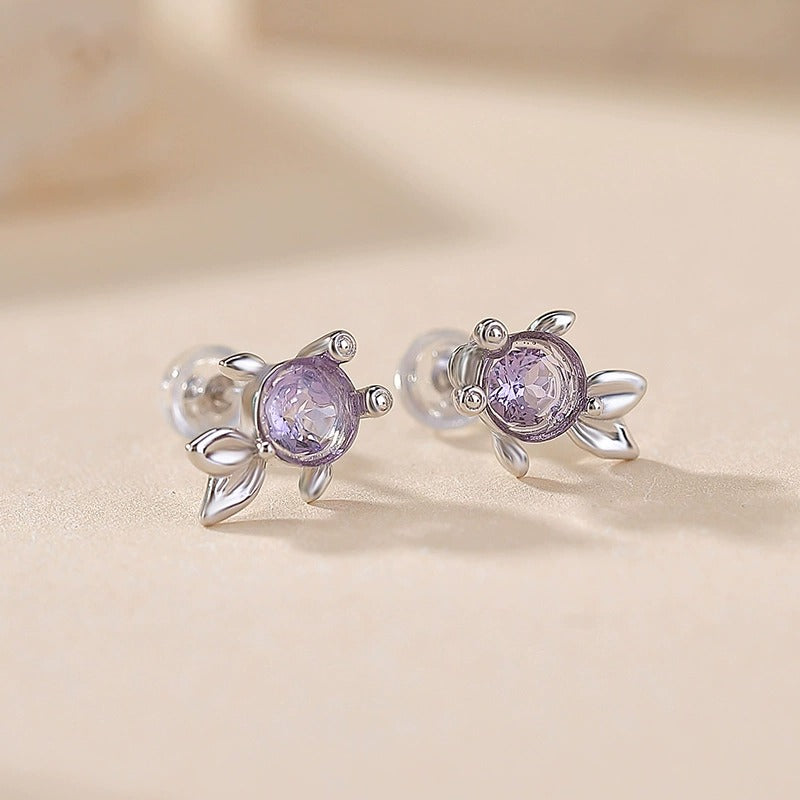 Round Cut Amethyst Ocean Spell Collection Goldfish Stud Earrings