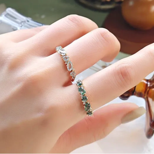 Marquise Cut Moss Agate Straight Half Eternity Wedding Band