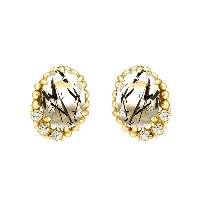 Oval Cut Black Rutilated Quartz Vintage Stud Earrings