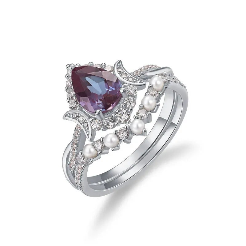Lab Alexandrite and Freshwater Pearl Silver Stackable Crescent Moon Ring